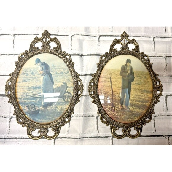 Other - Set Angelus Jean-Francois Millet Farmer & Wife Convex Bubble Oval Glass Italy